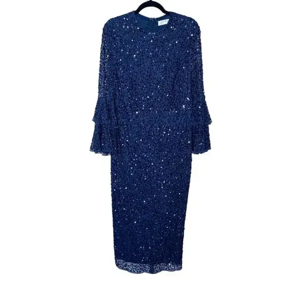 NWT MAC DUGGAL 10802 Navy Fully Sequined Ruffle Tiered 3/4 Sleeve Midi Dress - Picture 2 of 14
